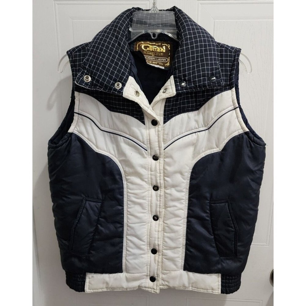 Vintage Golden Collection Pioneer Wear Women's Puffer Ski Vest Blue White Sz XL
